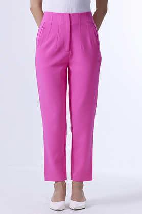 solid regular fit mesh women's formal wear pant - fuschia