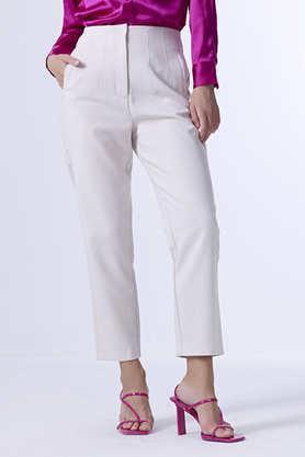 solid regular fit mesh women's formal wear pant - ivory