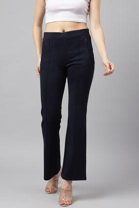 solid regular fit nylon women's casual wear trousers - navy