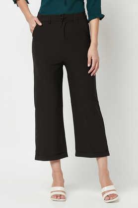 solid regular fit polyester blend women's casual wear trouser - black