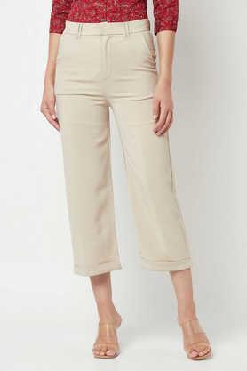 solid regular fit polyester blend women's casual wear trouser - natural