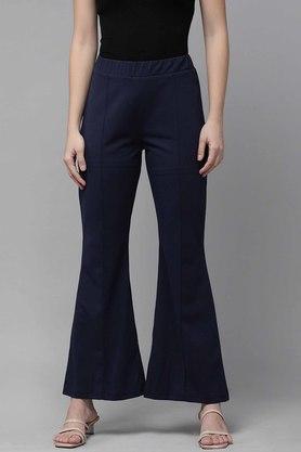 solid regular fit polyester blend womens trousers - navy