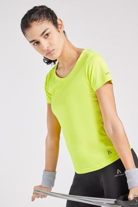 solid regular fit polyester women's active wear t-shirt - lime green