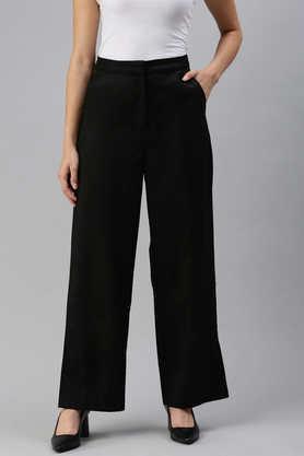 solid regular fit polyester women's casual wear pant - black