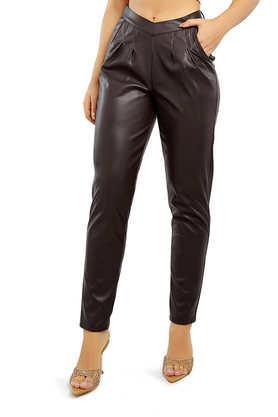 solid regular fit polyester women's casual wear pant - brown