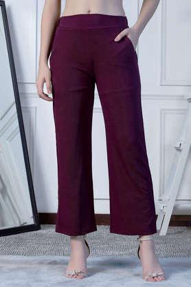 solid regular fit polyester women's casual wear pant - burgundy