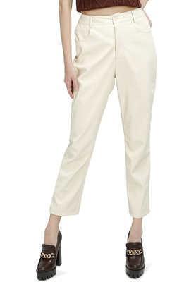 solid regular fit polyester women's casual wear pant - cream