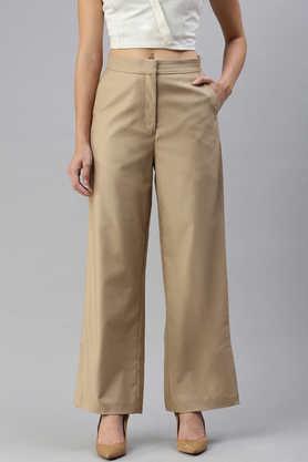 solid regular fit polyester women's casual wear pant - natural