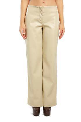 solid regular fit polyester women's casual wear pant - natural