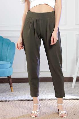solid regular fit polyester women's casual wear pant - olive