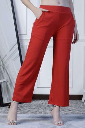solid regular fit polyester women's casual wear pant - red