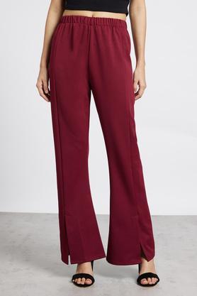 solid regular fit polyester women's casual wear pant - wine