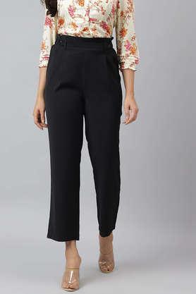 solid regular fit polyester women's casual wear pants - black