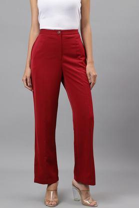 solid regular fit polyester women's casual wear pants - maroon