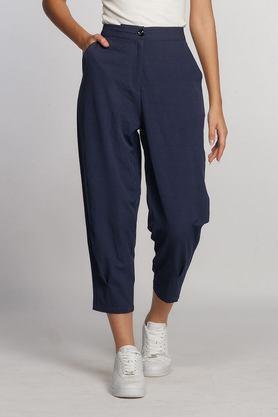 solid regular fit polyester women's casual wear pants - navy