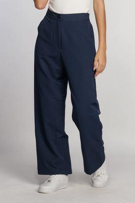 solid regular fit polyester women's casual wear pants - navy