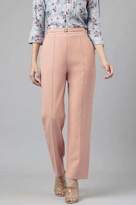 solid regular fit polyester women's casual wear pants - peach