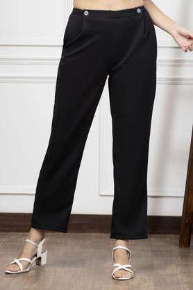 solid regular fit polyester women's casual wear trouser - black