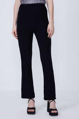 solid regular fit polyester women's casual wear trouser - black