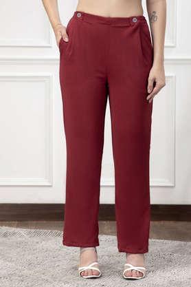 solid regular fit polyester women's casual wear trouser - maroon