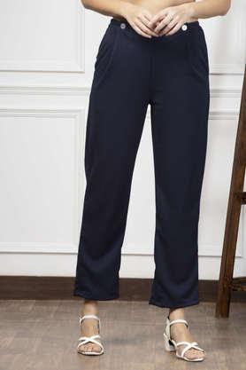 solid regular fit polyester women's casual wear trouser - navy