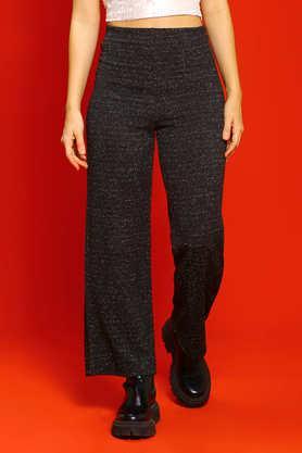 solid regular fit polyester women's casual wear trousers - black