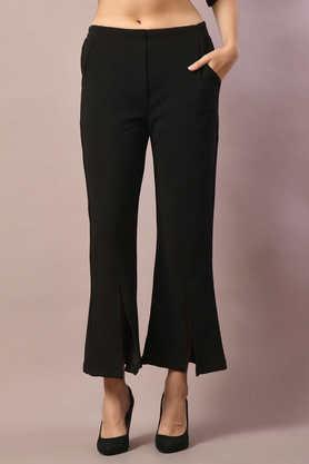 solid regular fit polyester women's casual wear trousers - black