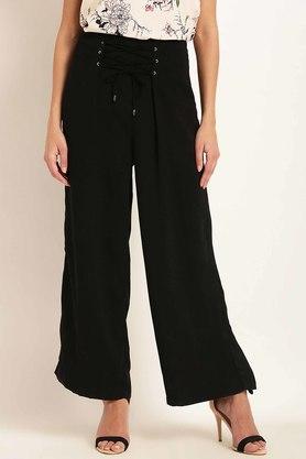 solid regular fit polyester women's casual wear trousers - black