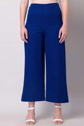 solid regular fit polyester women's casual wear trousers - blue