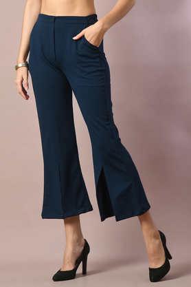 solid regular fit polyester women's casual wear trousers - blue