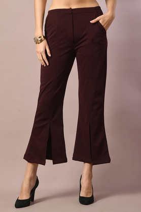 solid regular fit polyester women's casual wear trousers - brown
