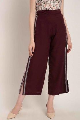 solid regular fit polyester women's casual wear trousers - maroon