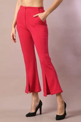 solid regular fit polyester women's casual wear trousers - pink