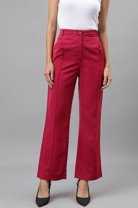 solid regular fit polyester women's casual wear trousers - pink