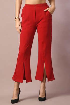 solid regular fit polyester women's casual wear trousers - red