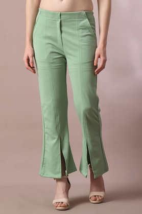 solid regular fit polyester women's casual wear trousers - sea green