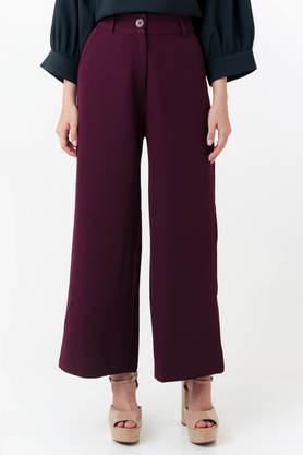 solid regular fit polyester women's formal wear trouser - maroon