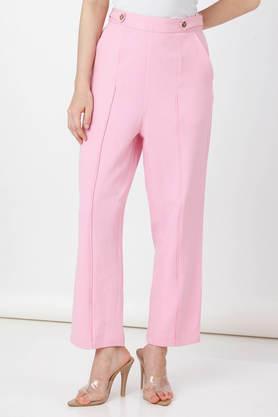 solid regular fit polyester women's formal wear trouser - pink