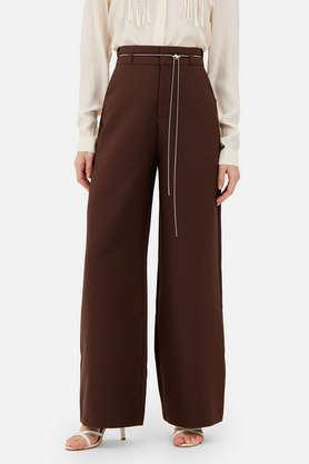 solid regular fit polyester women's formal wear trousers - brown