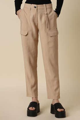 solid regular fit polyester women's formal wear trousers - khaki