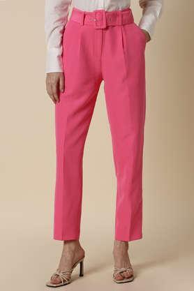 solid regular fit polyester women's formal wear trousers - magenta