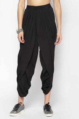 solid regular fit polyester women's fusion pants - black