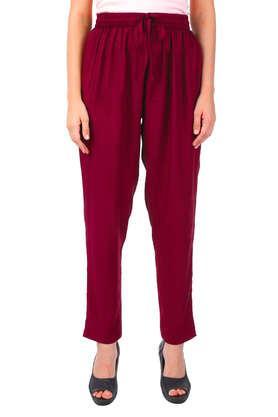 solid regular fit rayon women's casual wear pants - red