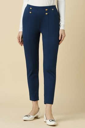solid regular fit rayon women's formal wear pants - navy