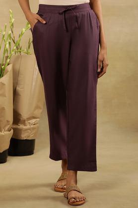 solid regular fit silk women's casual wear pants - purple