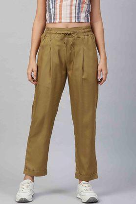 solid regular fit viscose rayon womens casual pants - khaki