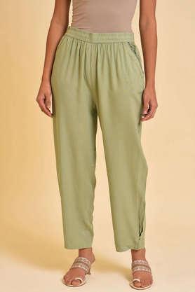 solid regular fit viscose women's casual wear pant - green