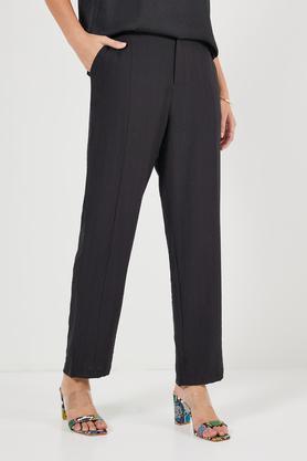 solid regular fit viscose women's casual wear pants - black