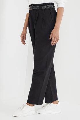 solid regular fit viscose women's formal wear pants - black