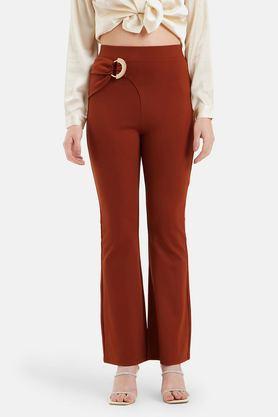 solid regular fit viscose women's formal wear trousers - rust